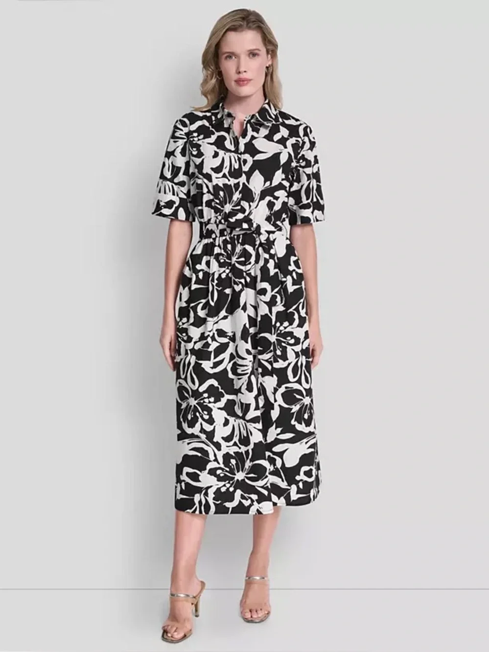 DKNY Elbow Sleeve Collared Neck Button-Front Belted Floral Midi Shirt dress